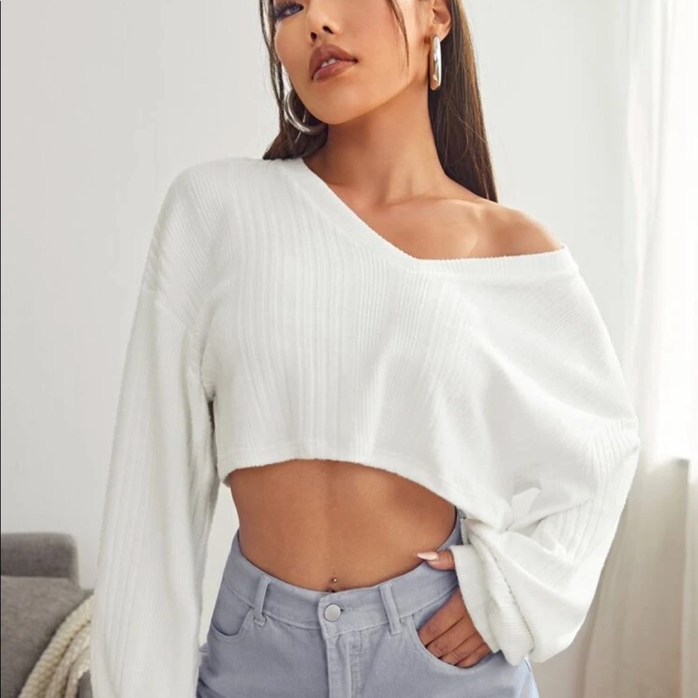 White Cropped Ribbed Sweater